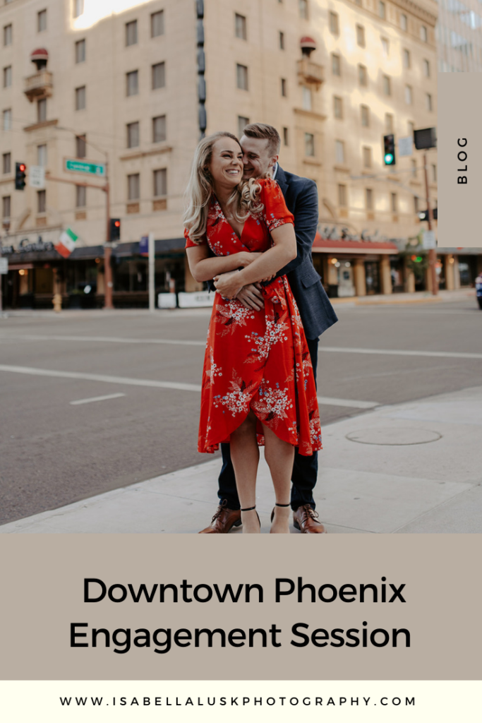 Downtown Phoenix Engagement Session by Isabella Lusk, Arizona based travelling wedding and engagement photographer. This blog post includes engagement photo ideas, outdoor couples poses photos, romantic and natural couples photo session, moody couples photos, engagement city shoot, posing ideas, what to wear for engagement photos. Book your Downtown Phoenix Engagement Session and browse the blog for inspiration #engagement #photography #engagementphotography #phoenixphotographer 